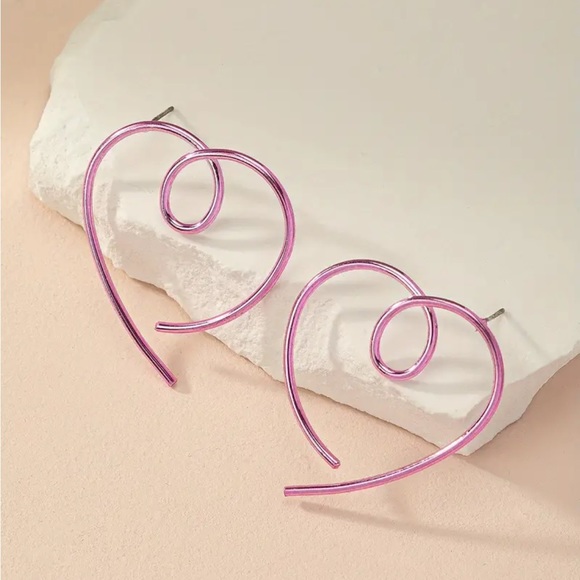 Hollow Pink Hearts Swirl Metal Earrings Valentine Love - Picture 4 of 6